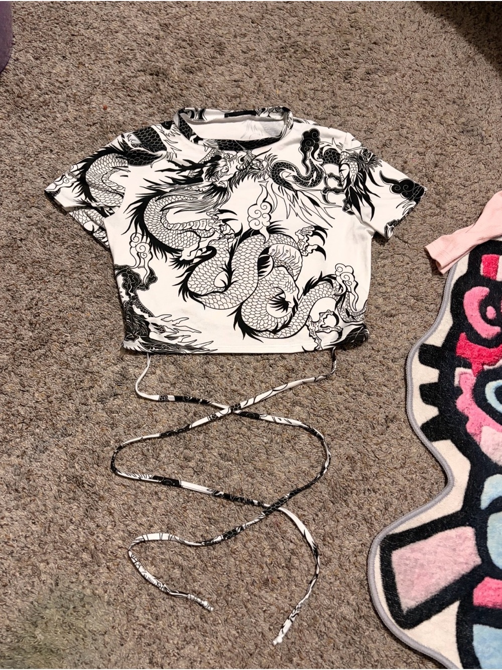 Black & White Dragon Print Tie-Front Crop Top